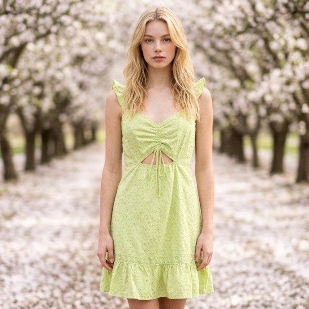Live To Be Spoiled Lime Green Eyelet Cutout Mini Dress Lg Festival Y2K Coquette